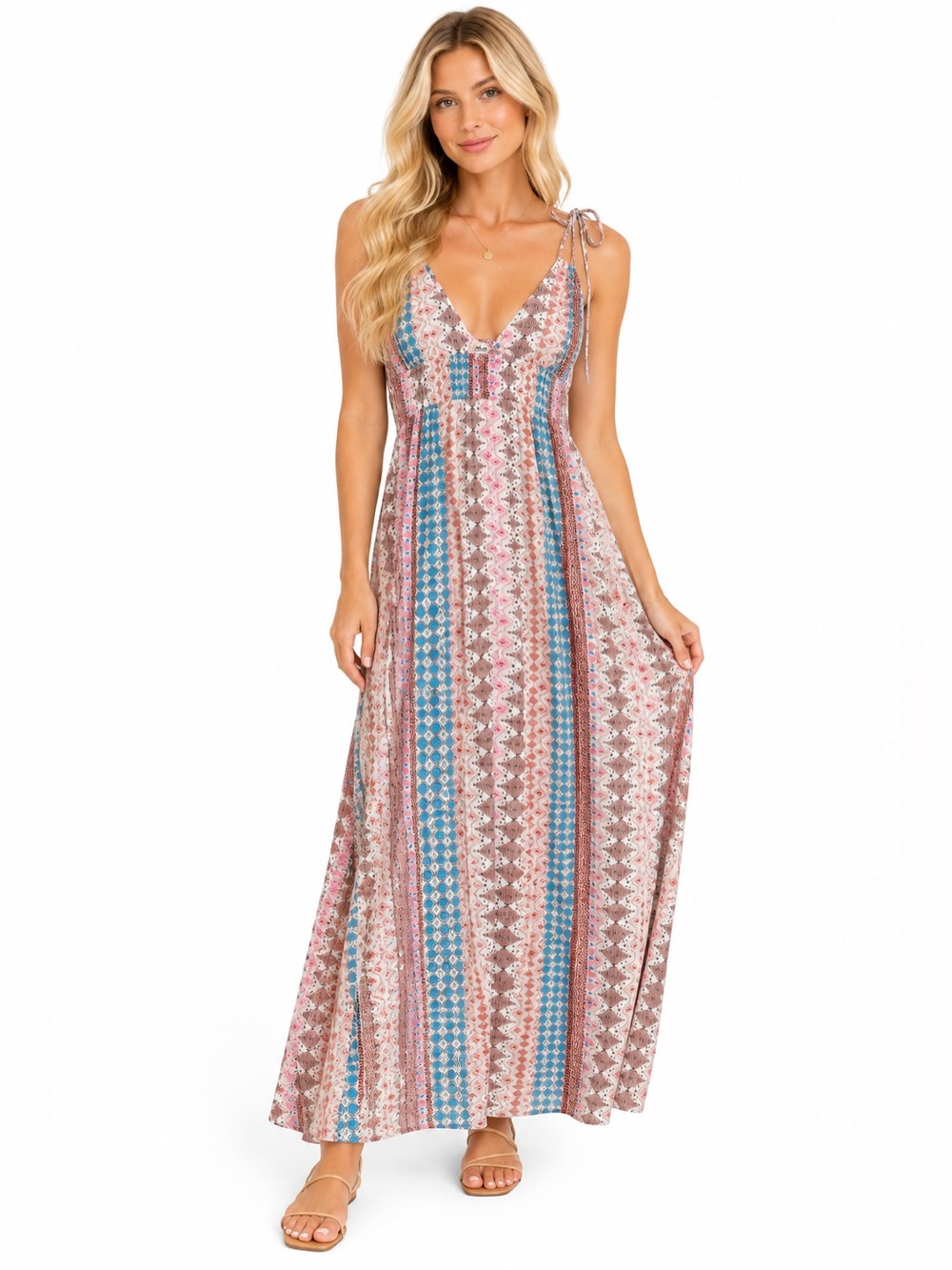 LuLu’s Multicolor Boho Print Tie Strap Maxi Dress | Size S